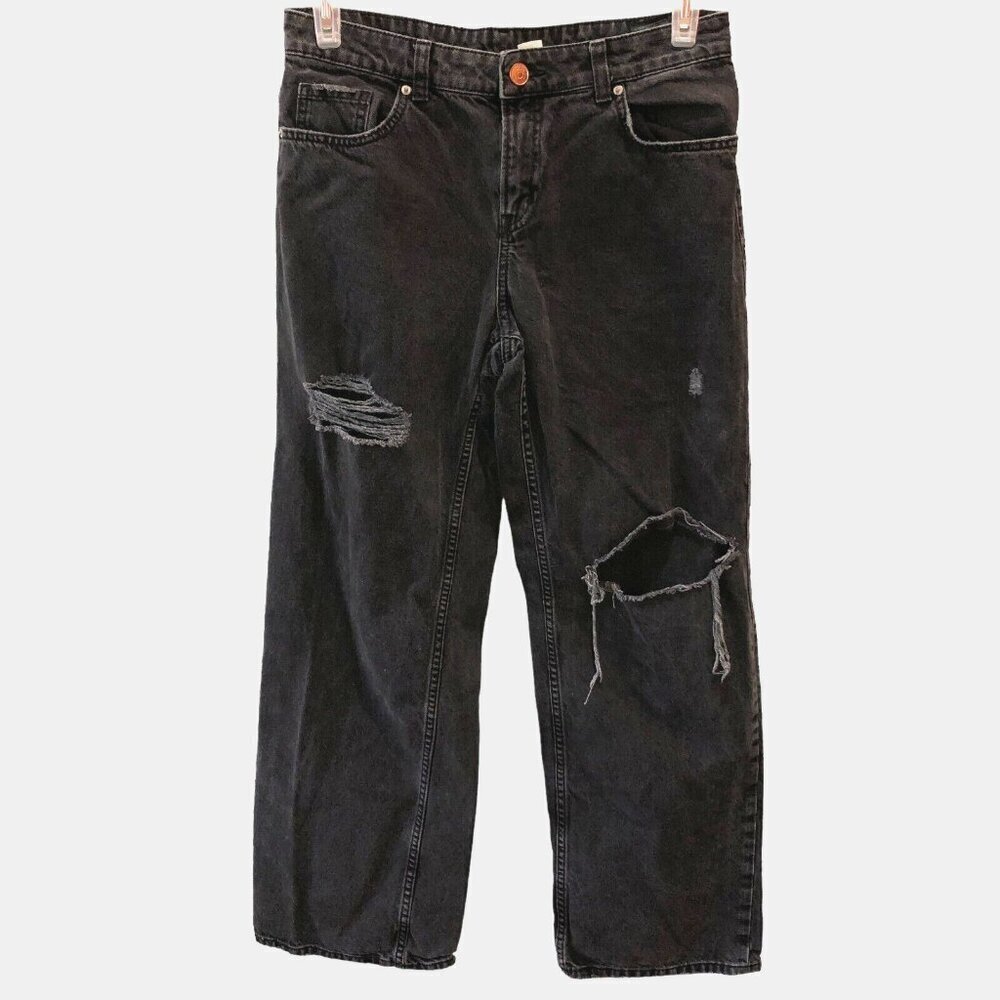H&M Divided Womens Size 6 Black Distressed Straight Relaxed Leg Denim Jeans